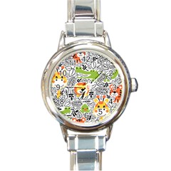 Seamless-pattern-with-wildlife-cartoon Round Italian Charm Watch