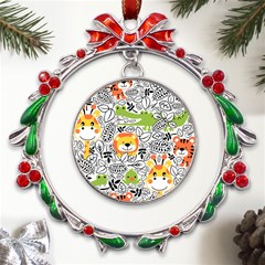 Seamless-pattern-with-wildlife-cartoon Metal X mas Wreath Ribbon Ornament