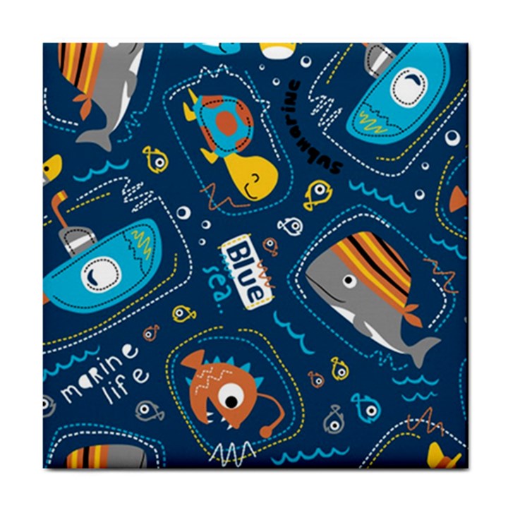 Seamless-pattern-vector-submarine-with-sea-animals-cartoon Tile Coaster