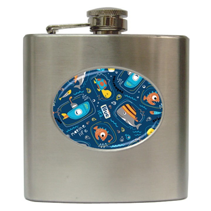 Seamless-pattern-vector-submarine-with-sea-animals-cartoon Hip Flask (6 oz)