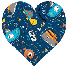 Seamless-pattern-vector-submarine-with-sea-animals-cartoon Wooden Puzzle Heart by uniart180623