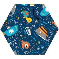 Seamless-pattern-vector-submarine-with-sea-animals-cartoon Wooden Puzzle Hexagon by uniart180623