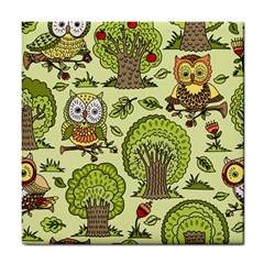 Seamless-pattern-with-trees-owls Tile Coaster by uniart180623