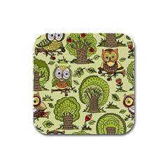 Seamless-pattern-with-trees-owls Rubber Square Coaster (4 Pack) by uniart180623