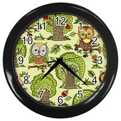 Seamless-pattern-with-trees-owls Wall Clock (black) by uniart180623