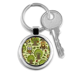 Seamless-pattern-with-trees-owls Key Chain (round) by uniart180623