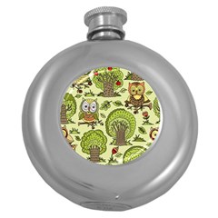 Seamless-pattern-with-trees-owls Round Hip Flask (5 Oz) by uniart180623