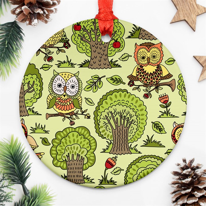 Seamless-pattern-with-trees-owls Round Ornament (Two Sides)