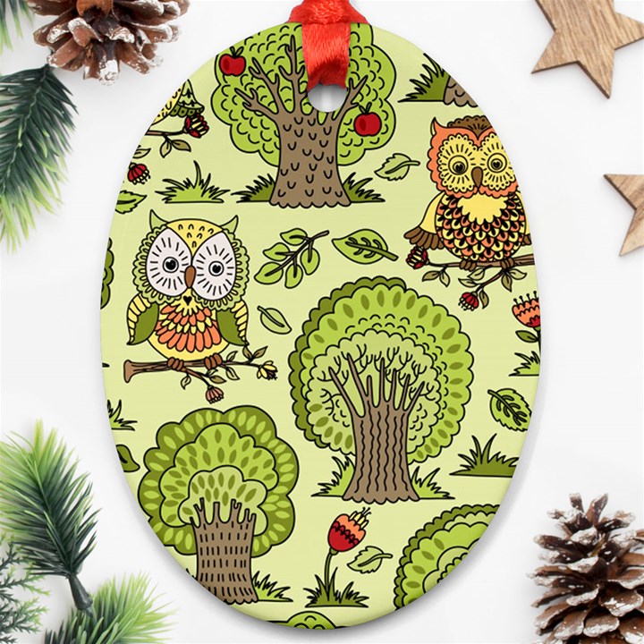 Seamless-pattern-with-trees-owls Oval Ornament (Two Sides)