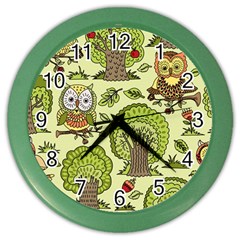 Seamless-pattern-with-trees-owls Color Wall Clock by uniart180623