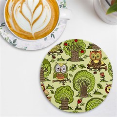 Seamless-pattern-with-trees-owls Uv Print Round Tile Coaster by uniart180623