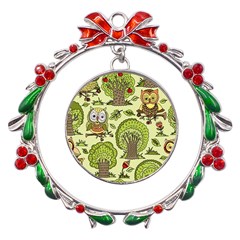 Seamless-pattern-with-trees-owls Metal X mas Wreath Ribbon Ornament by uniart180623