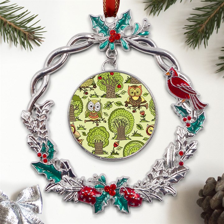 Seamless-pattern-with-trees-owls Metal X mas Wreath Holly leaf Ornament