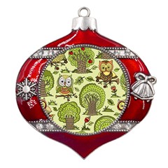 Seamless-pattern-with-trees-owls Metal Snowflake And Bell Red Ornament by uniart180623