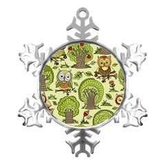 Seamless-pattern-with-trees-owls Metal Small Snowflake Ornament by uniart180623