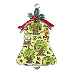 Seamless-pattern-with-trees-owls Metal Holly Leaf Bell Ornament by uniart180623