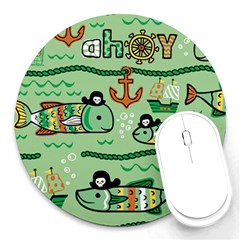 Seamless-pattern-fishes-pirates-cartoon Round Mousepad by uniart180623