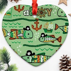 Seamless-pattern-fishes-pirates-cartoon Heart Ornament (two Sides) by uniart180623