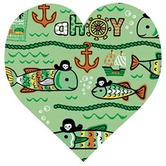 Seamless-pattern-fishes-pirates-cartoon Wooden Puzzle Heart by uniart180623