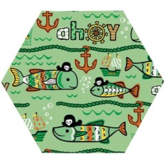 Seamless-pattern-fishes-pirates-cartoon Wooden Puzzle Hexagon by uniart180623