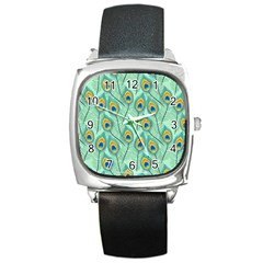 Lovely-peacock-feather-pattern-with-flat-design Square Metal Watch by uniart180623