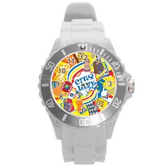 Colorful-city-life-horizontal-seamless-pattern-urban-city Round Plastic Sport Watch (l) by uniart180623