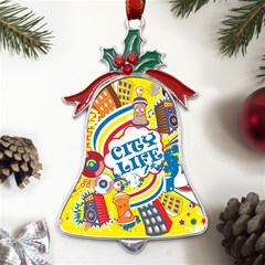 Colorful-city-life-horizontal-seamless-pattern-urban-city Metal Holly Leaf Bell Ornament