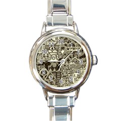 Four-hand-drawn-city-patterns Round Italian Charm Watch