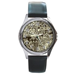 Four-hand-drawn-city-patterns Round Metal Watch by uniart180623