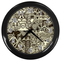 Four-hand-drawn-city-patterns Wall Clock (black) by uniart180623