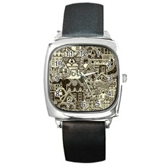 Four-hand-drawn-city-patterns Square Metal Watch by uniart180623