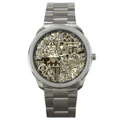 Four-hand-drawn-city-patterns Sport Metal Watch by uniart180623