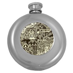 Four-hand-drawn-city-patterns Round Hip Flask (5 Oz) by uniart180623