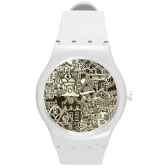 Four-hand-drawn-city-patterns Round Plastic Sport Watch (m) by uniart180623