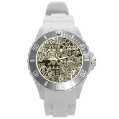 Four-hand-drawn-city-patterns Round Plastic Sport Watch (l) by uniart180623