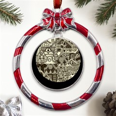 Four-hand-drawn-city-patterns Metal Red Ribbon Round Ornament by uniart180623