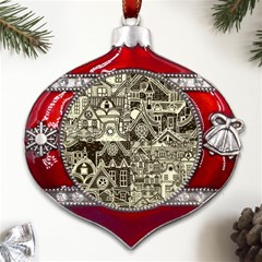 Four-hand-drawn-city-patterns Metal Snowflake And Bell Red Ornament by uniart180623