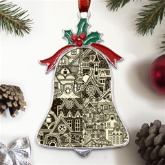 Four-hand-drawn-city-patterns Metal Holly Leaf Bell Ornament by uniart180623