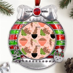 Japanese Street Food  Soba Noodle In Bowls Metal X mas Ribbon With Red Crystal Round Ornament by uniart180623