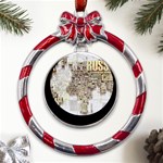 3d Typography World Map Metal Red Ribbon Round Ornament Front