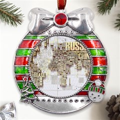 3d Typography World Map Metal X mas Ribbon With Red Crystal Round Ornament by uniart180623