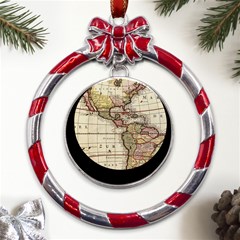 Vintage World Map Old  Globe Antique America Metal Red Ribbon Round Ornament by uniart180623