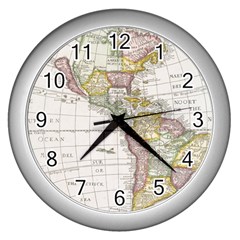 Vintage Map Of The Americas Wall Clock (silver) by uniart180623