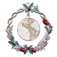 Vintage Map Of The Americas Metal X mas Wreath Holly Leaf Ornament