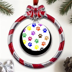 Pawprints-paw-prints-paw-animal Metal Red Ribbon Round Ornament by uniart180623