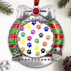 Pawprints-paw-prints-paw-animal Metal X mas Ribbon With Red Crystal Round Ornament by uniart180623