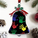 Handprints-hand-print-colourful Metal Holly Leaf Bell Ornament Front