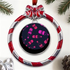 Wine Bottles Background Graphic Metal Red Ribbon Round Ornament by uniart180623