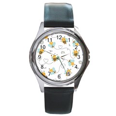 Bee Art Pattern Design Wallpaper Background Print Round Metal Watch