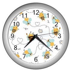 Bee Art Pattern Design Wallpaper Background Print Wall Clock (Silver)